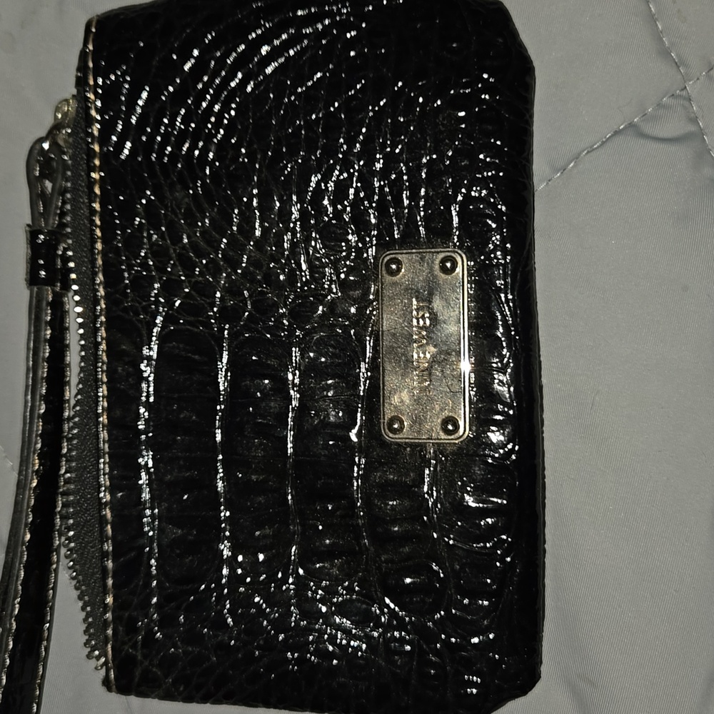Nine West Shiny Black Croc-Pattern Wristlet EUC